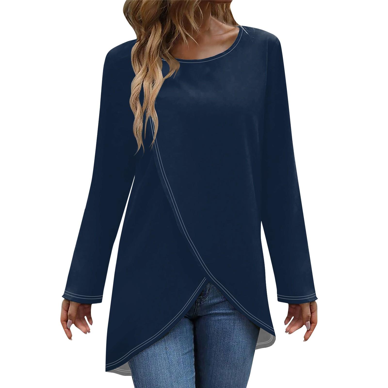 

Женская модная повседневная однотонная футболка с длинным рукавом и круглым вырезом с перекрестным подолом, топ L тёмно-синий