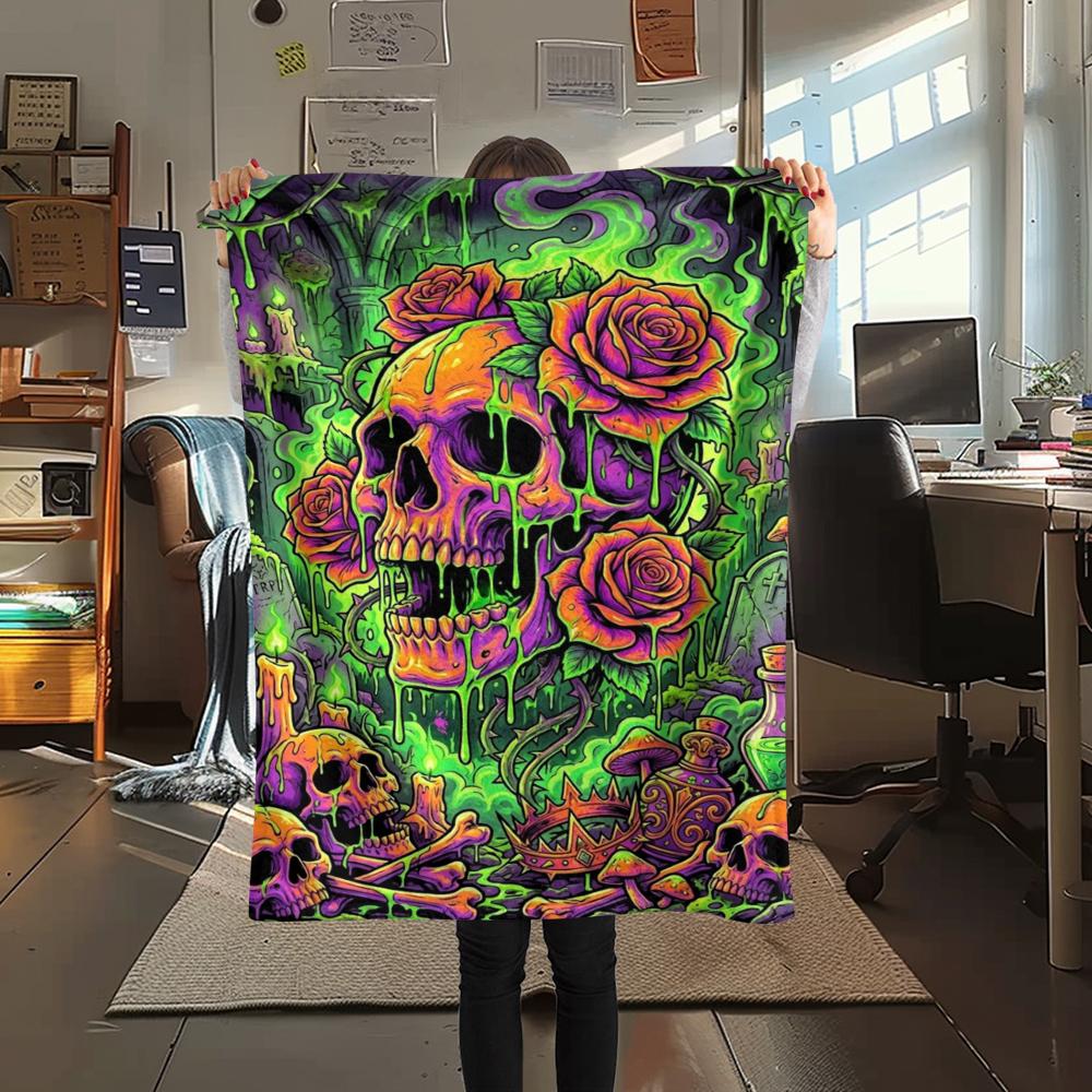 Corrosive Acid Skull and Rose Print Flannel Blanket,High Quality Comfortable for All Seasons,Home Decor,Warmth and Comfort,Perfect for Christmas Gifts
