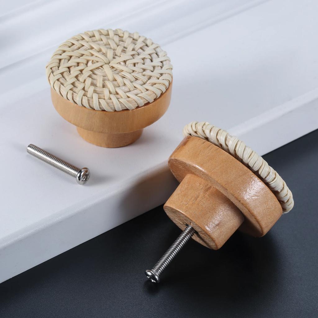 2 Stuks Rotan Houten Ladeknop Woondecoratie Handgemaakt Kastmeubilair Handgrepen Keukenkast Deurknoppen+Schroef 30/35/40/45mm