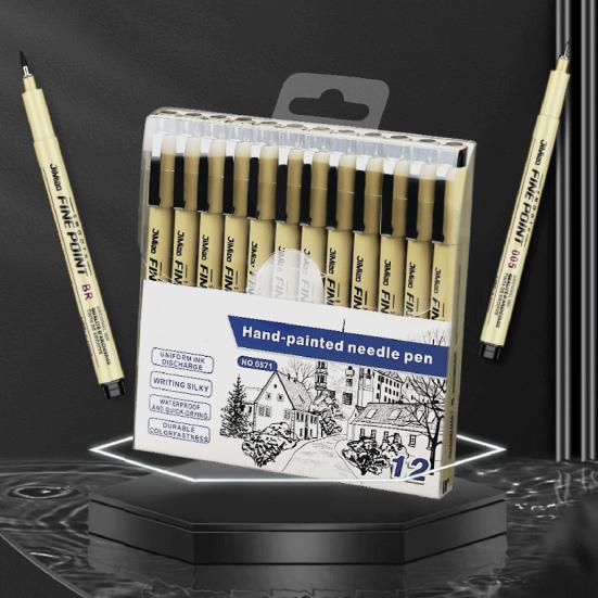 12Pcs Fineliner Set Waterproof Anti-Fouling Artists Illustration Sketching with 12 Different Line Widths Felt Tip Pens