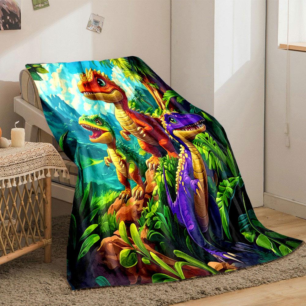 Colorful Cartoon Dinosaurs in Jungle Scene print blanket soft and cozy perfect for the living room bed sofa or a nap,gift