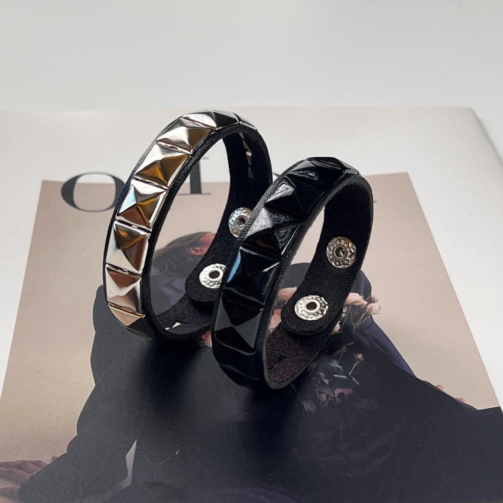 Men's Black & Silver Studded PU Leather Bracelet with Round Corners - Cross-Border Punk Style