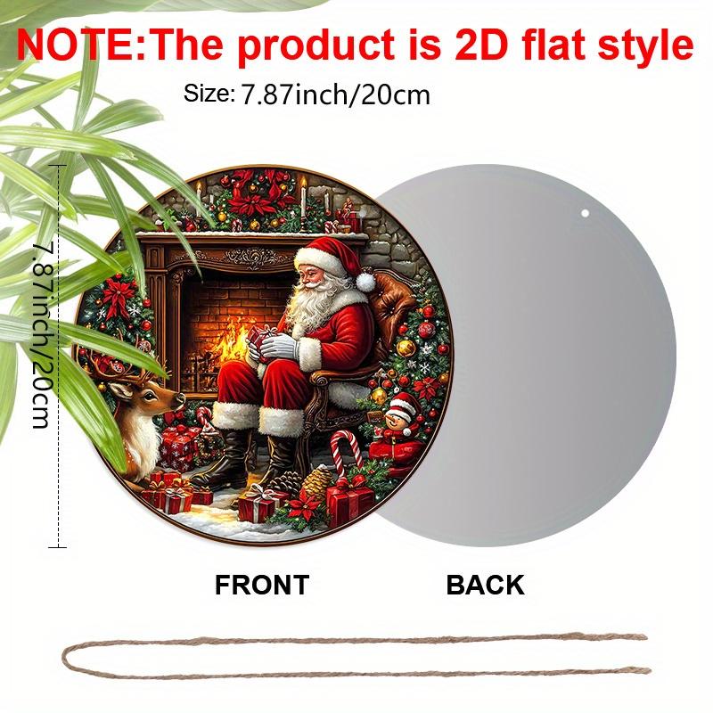 2D Flat Aluminium Merry Christmas Sign with Santa Claus & Fireplace Pattern - Warm Winter Figurine Ornaments - Ideal for Front Door, Wall, Porch