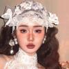 White Bride Headdress Pearls Beads Wedding Headwear Retro Bridal Hat  Headpieces