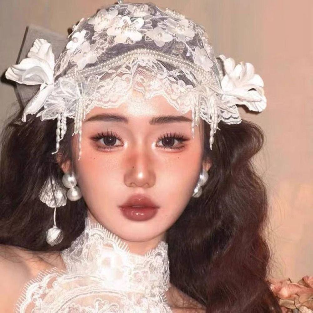 White Bride Headdress Pearls Beads Wedding Headwear Retro Bridal Hat  Headpieces