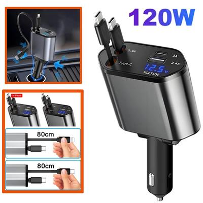 120W Autoladegerät USB Typ C Superschnellladung Flash-Ladung Einziehbares Kabel Handy-Autoladegerät Für Iphone Huawei Samsung mit Spannungsanzeige