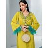 New Middle East Patchwork Feather Sleeve Diamond Robe Dress V-Neck Diamond Studded Dress