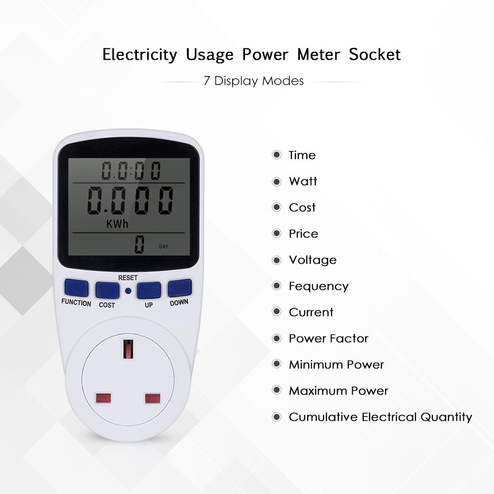 LCD Display Electricity Usage Power Meter Socket Energy Watt Volt Amps Wattage KWH Consumption Analyzer Monitor Outlet--with Backlight AC230V.250V