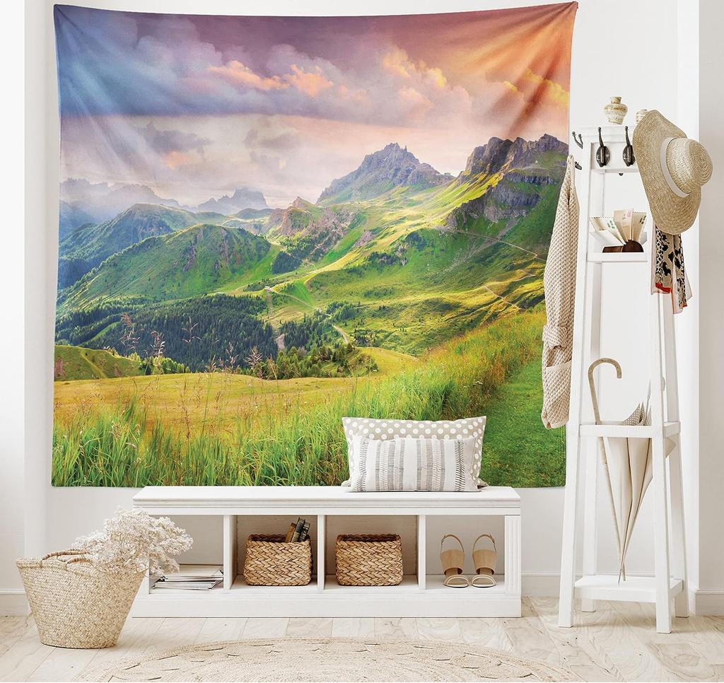 Bergwandteppich Sommerlandschaft der italienischen Alpen bei Sonnenuntergang Ruhige Wiese Idyllischer Ort Breites Wandbehang für Schlafzimmer