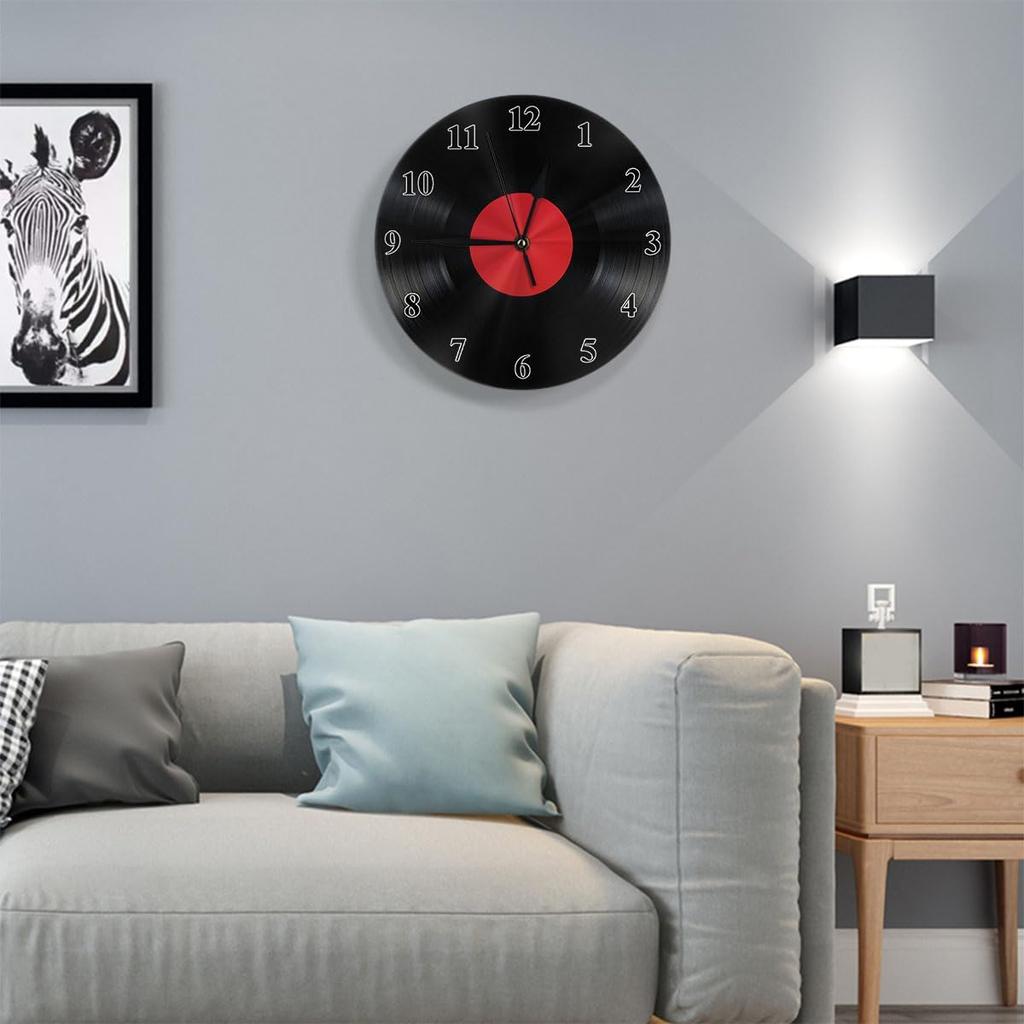 Record Vintage Wall Clock Round 10 Inch Battery Operated Black Album Disc with Blank Red Label Music Retro Quartz Silent Wooden Clocks Art Decorative
