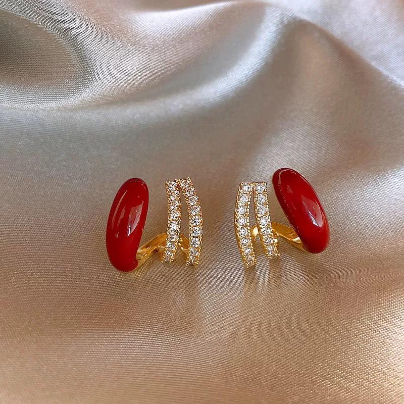 Ankela Red Rhinestone Retro Stud Earrings: Trendy, High-End, Versatile Winter Accessories