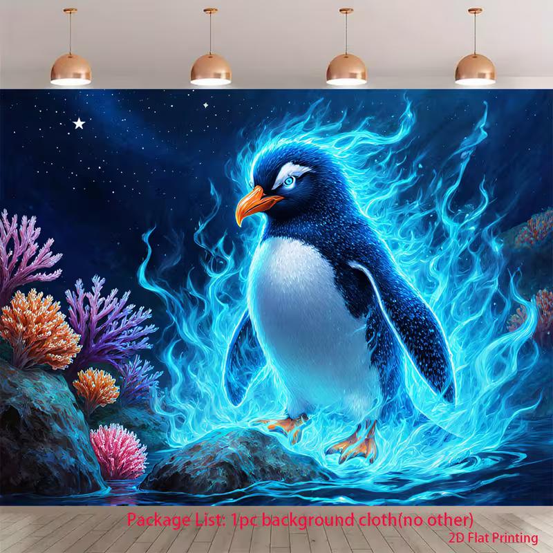 

2D Elemental Penguin Backdrop 2D Blue Fire Penguin Starry Night Photo Background for Themed Shoot 47.2x31.5inch/120*80cm