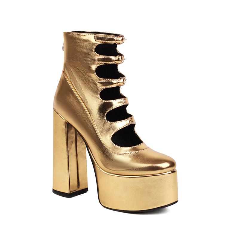 Super Hohe Wasserdichte Plateau Mikrofaser Material Römischer Stil Golden Hohl Sexy Damen Stiefeletten Reißverschluss Hinten Plüschfutter