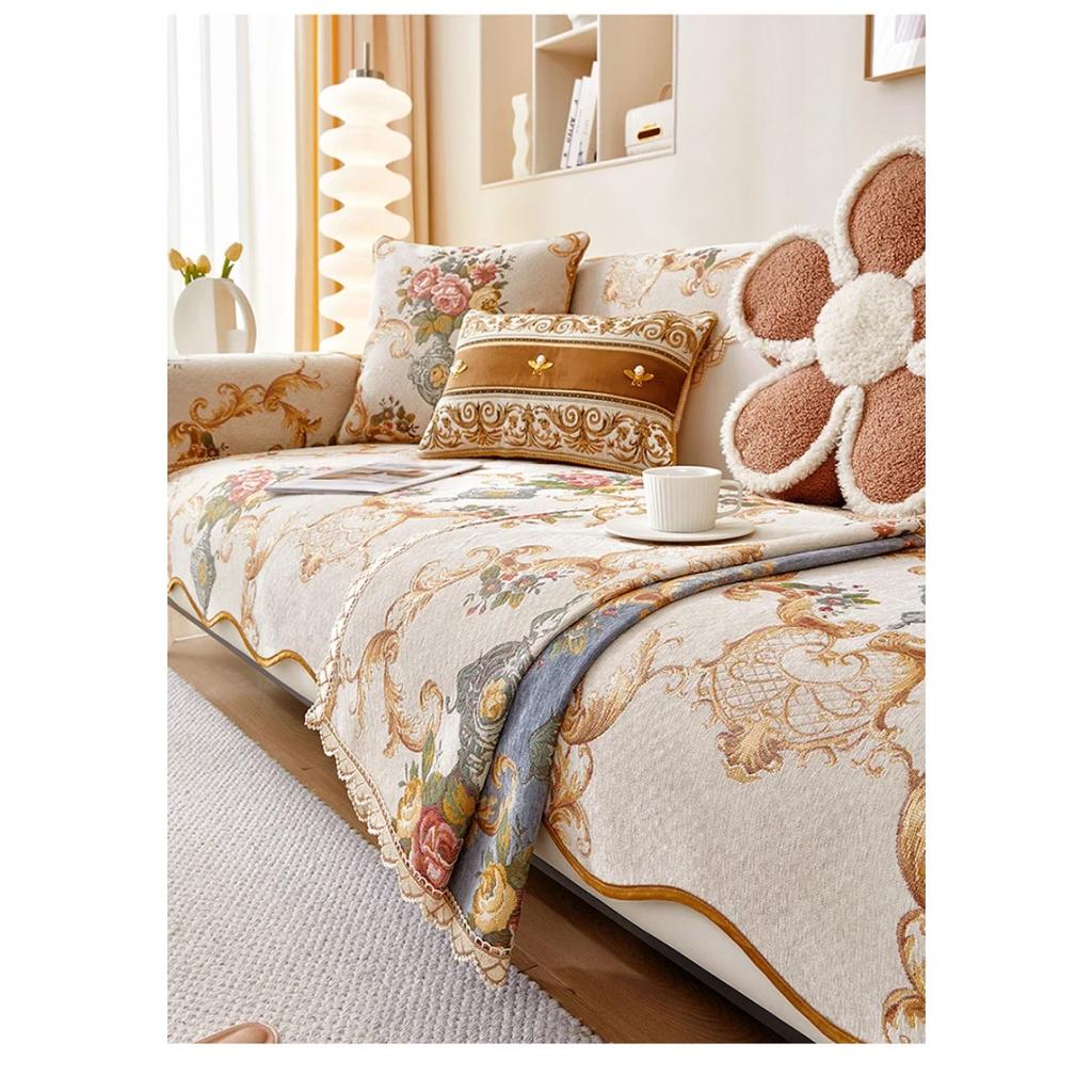Chenille Jacquard Überwurf für Wohnzimmer, Blumenmuster, Dekorativ, Staubdicht, Rutschfest, Wellenkanten Sofabezug, Ganzjährig