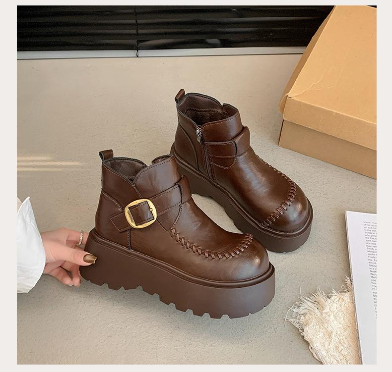 

[Suding Home] Soft Leather Martin Boots Women s 2025 Autumn and Winter New Fashion Boots Non-slip Thick-soled Fleece French Short Boots 40 коричневый