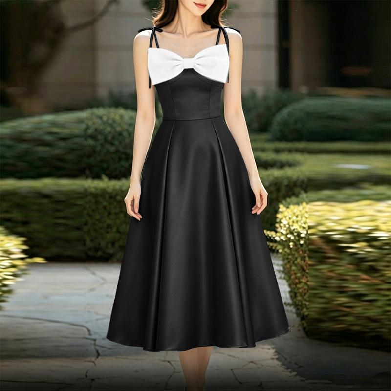 

ZANZEA Women Elegant Bows Patchwork Casual Waist-Cinching Strappy Dress M чёрный