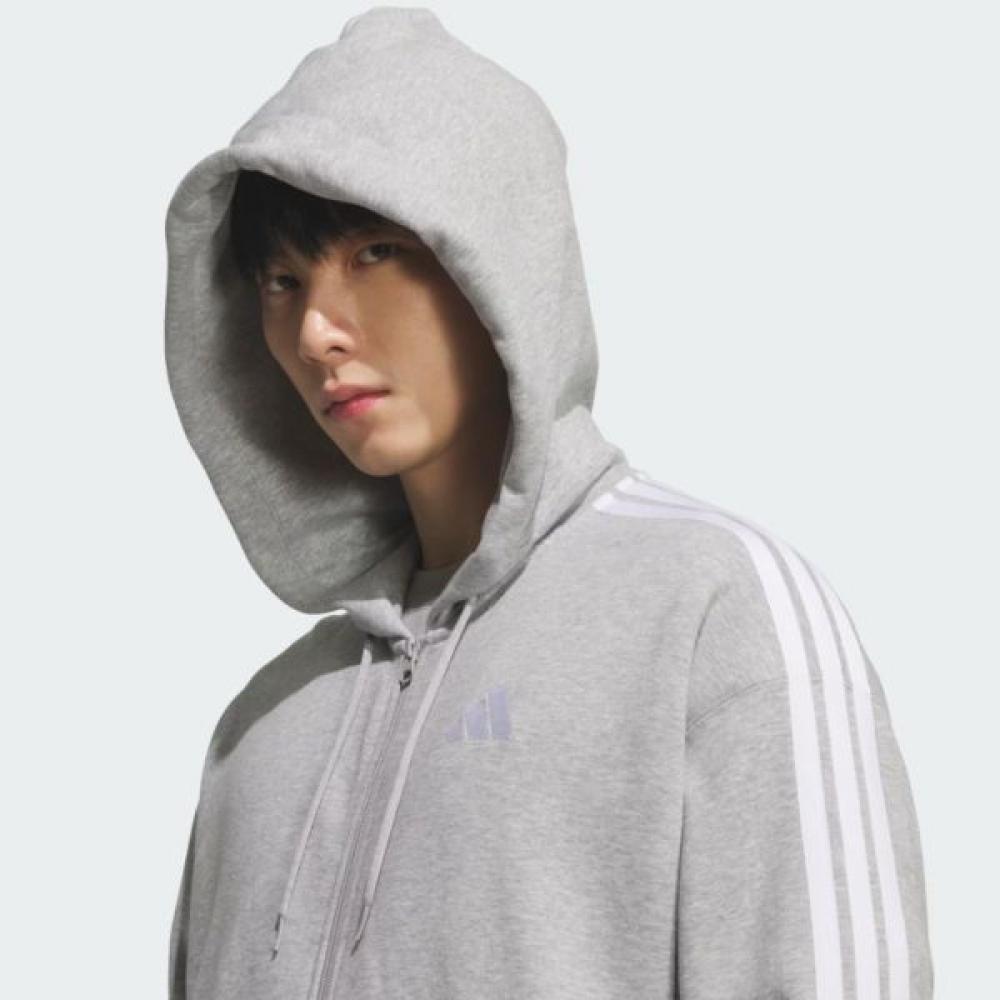 Adidas Unisex Casual Cotton 3 Stripe Full Zip Hoodie Grey
