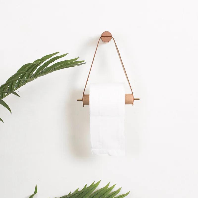 Vintage Toilet Paper Roll Holder Wooden Leather Bathroom Storage Rack Towel Tissue Dispenser Wall Mounted Bathroom Accessories