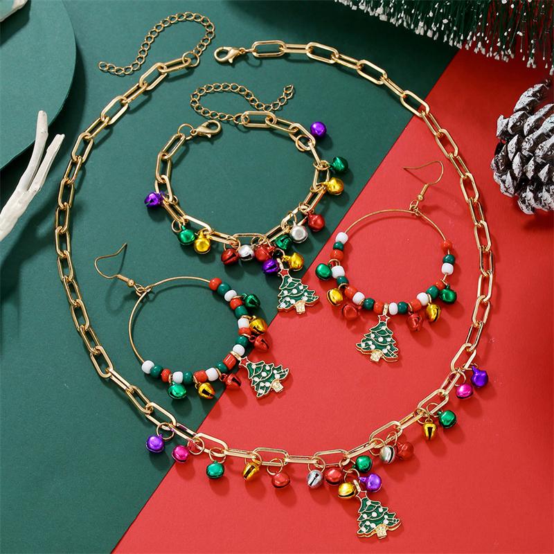 Fashion Christmas Tree Colorful Bells Pendant Necklace Bracelet Earrings for Women Festival Party Jewelry Set New Year Gift