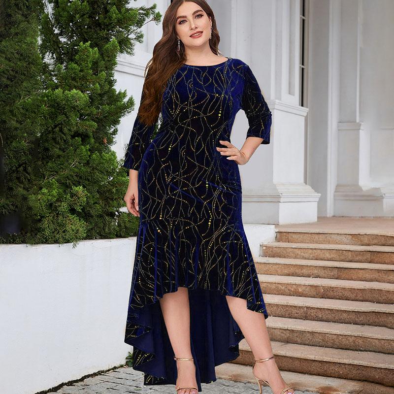 Autumn Women's Plus-size Velvet Dress Three-quarter Sleeve Long Velvet Mermaid Dress