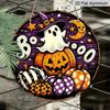2D Flat, 1pc Round Waterproof Aluminum Halloween Boo Ghost Metal Sign, Cute Witch Hat Ghost Pumpkin Moon Plaque, Wreath Center Ornament, Front Door