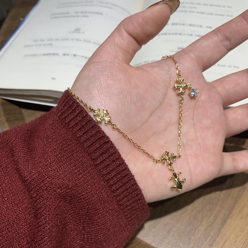 Medieval Style Golden Cross Iris Necklace Female Versatile Temperament Collarbone Chain Light Luxury High-End Jewelry