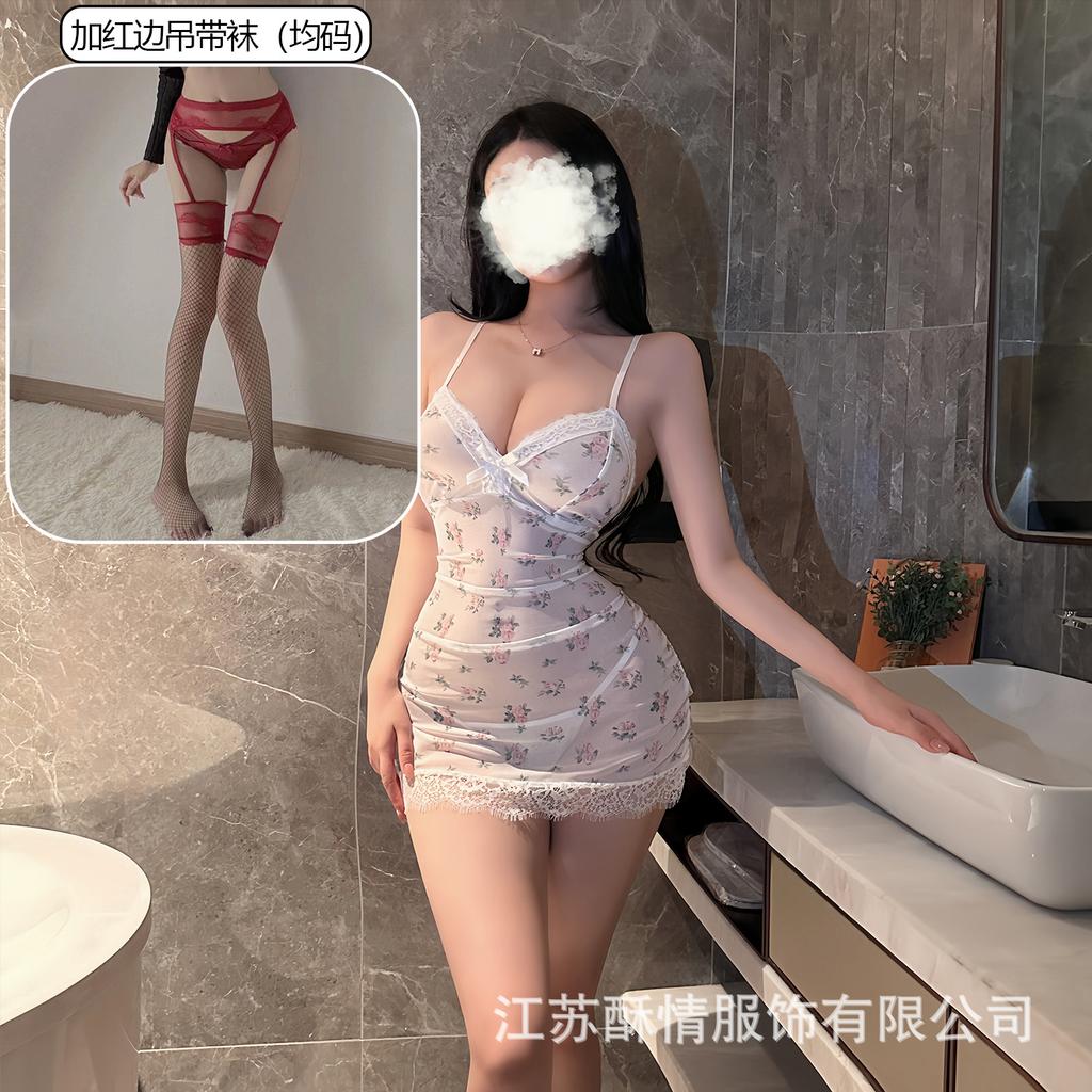 Underwear lace hollow deep V hip skirt sexy perspective mesh floral suspender nightdress