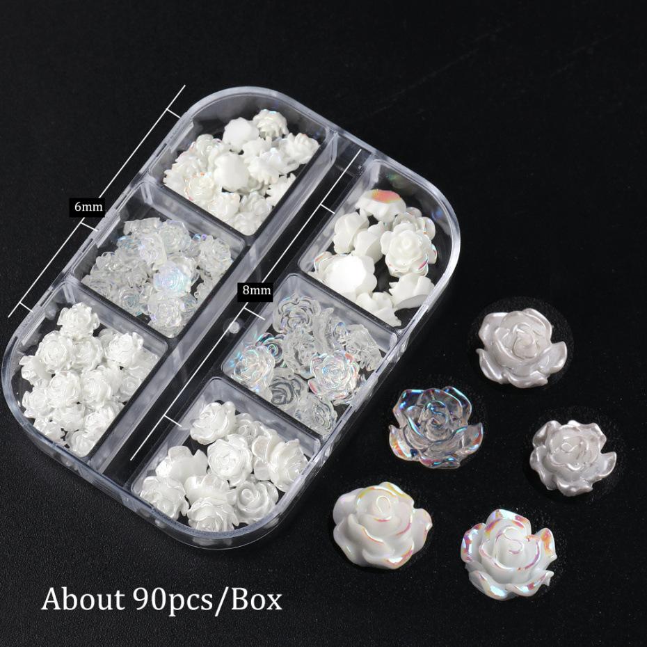 6 Grid Camellia Flower Nail Ornament 3D Rose Solid White Jade Aurora Resin Flower Box Size Mixed