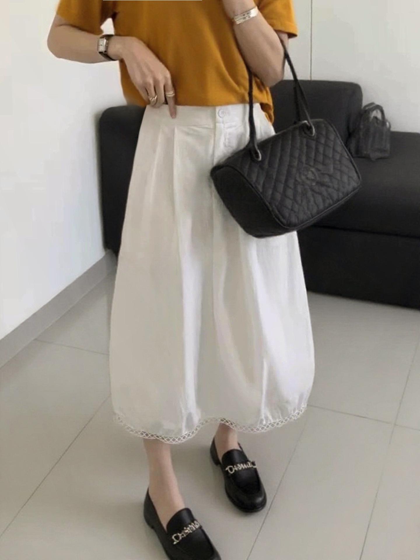 Design-Sense Women s High-Waist White Half-Skirt with Lace Hem - Spring/Summer Slimming Mid-Length Lantern Style One Size белый