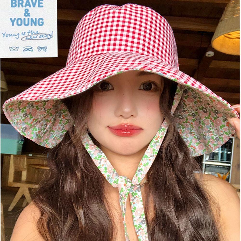Floral Hiking Fisherman Hat Sun Protection Heart Printed Bucket Hat Plaid Hiking Cap  Travel