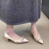 2025 Autumn and Winter New Bow Low Heel One Pedal Pointed Head Satin Evening High Heels Thick Heel Single Shoes Women