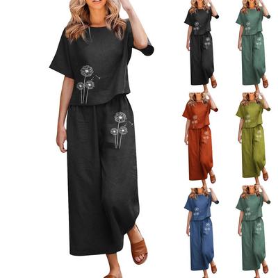 Women's Fashion Casual Printed Short Sleeves Round Neck Tops Pants Suit