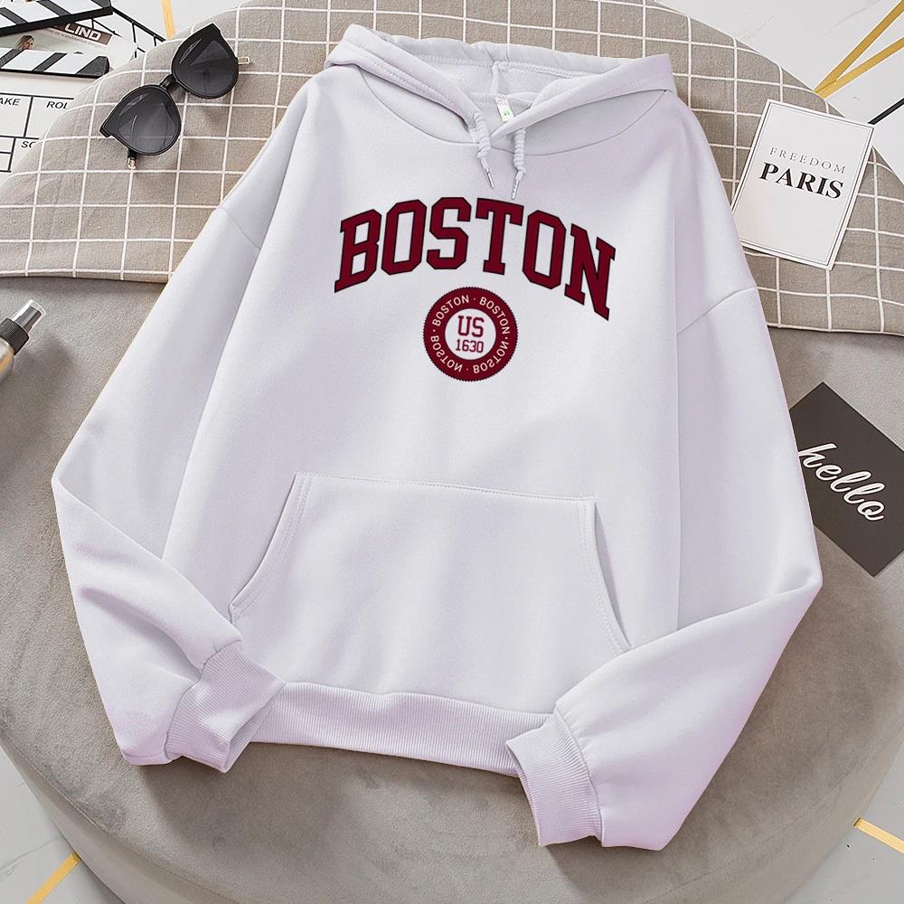 Boston City Us Gegründet 1630 Hoodies Damen Warm Bequeme Pullover Mode Lässig Damen Kapuzen Basic All Match Sweatshirt