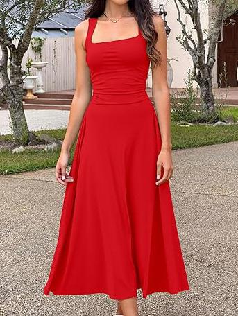 Spring and summer new European and American fashion square collar versatile sleeveless solid color basic dress women's comfortable