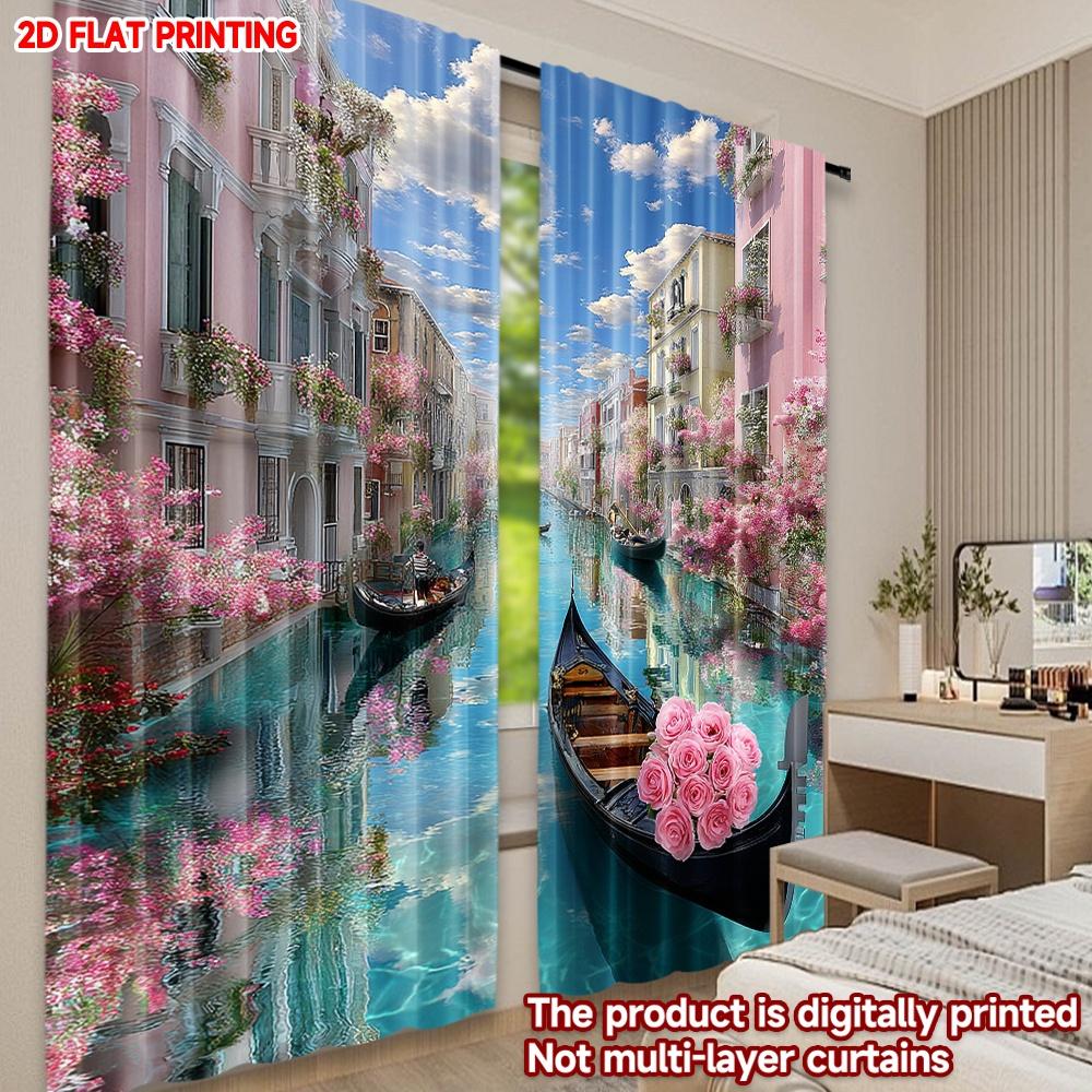 Set Of 2 Venice Canal Curtains Digital Printing Pastel Buildings Gondolas Pink Flowers Blue Sky Living Room Decor Curtain Polyester Perfect For