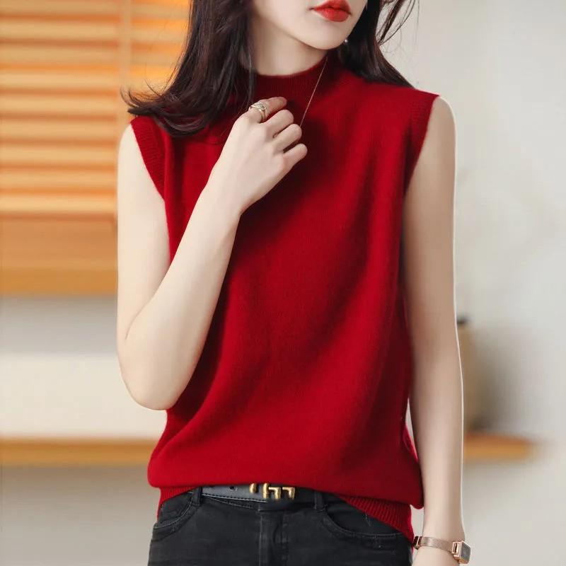 Women's Autumn Half-High Neck Knit Top with Sleeveless Pullover T-Shirt Layering