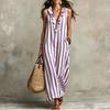 Mouweloze Gestreepte Maxi Jurk met Ruches V-hals Losse Pasvorm Lange Jurk voor Dames Casual Zomer Strandkleding Zomerjurk