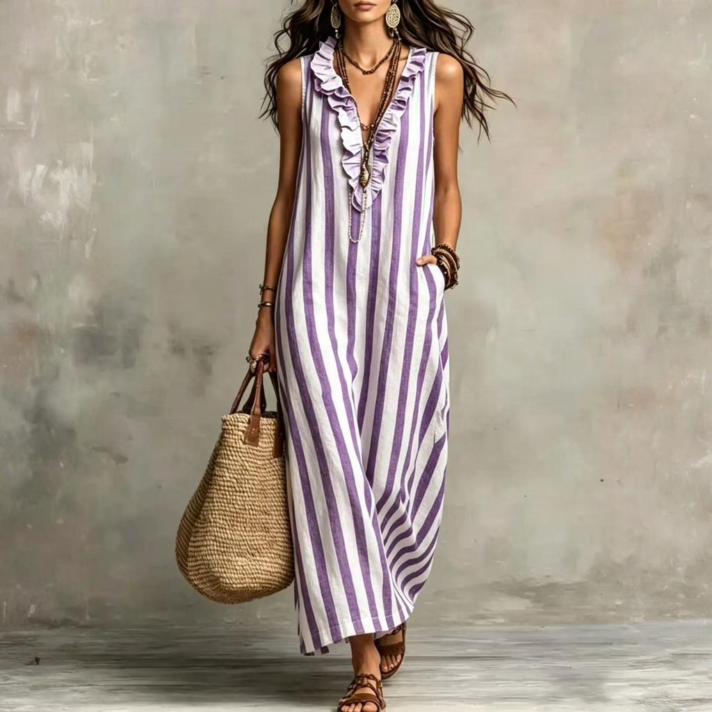 Mouweloze Gestreepte Maxi Jurk met Ruches V-hals Losse Pasvorm Lange Jurk voor Dames Casual Zomer Strandkleding Zomerjurk