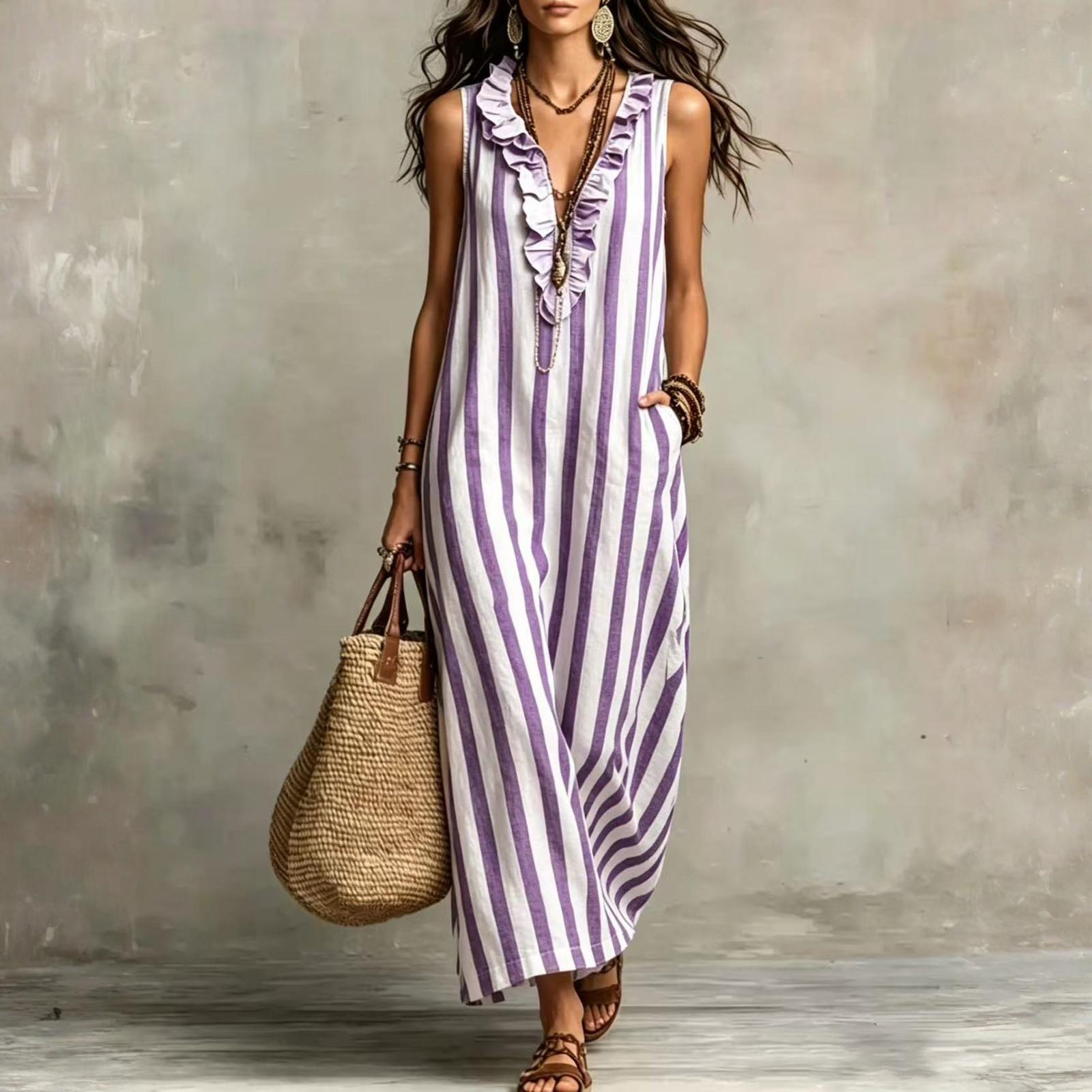 Sleeveless Striped Maxi Dress with Ruffle V Neck Loose Fit Long Dress for Women Casual Summer Beachwear Sundress L фиолетовый