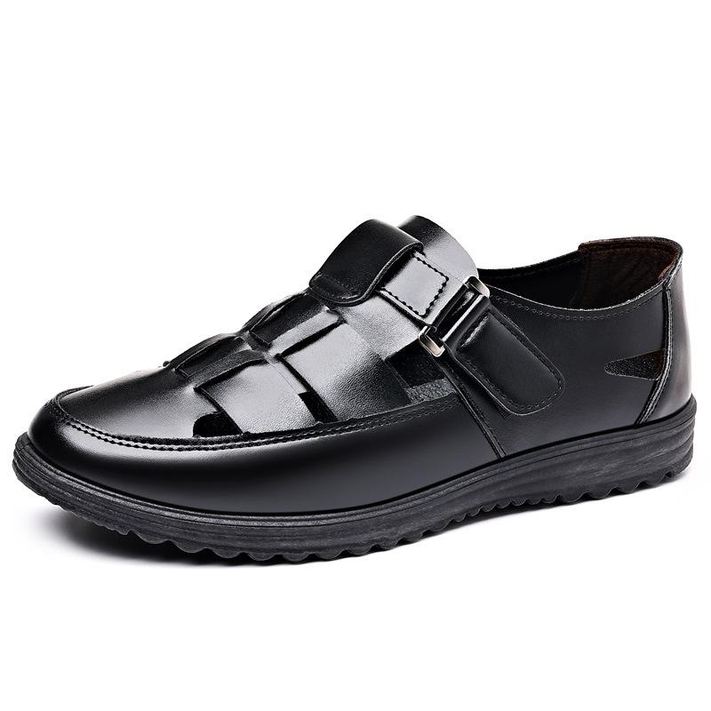 Men's Leather Shoes Business Casual Dress Single Shoes Soft Sole Non-slip Summer Men's Sandals Medium Old Dad Shoes Black