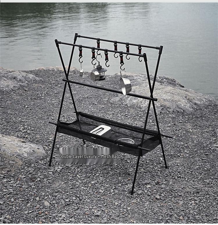 Portable Double-Layer Foldable Storage Rack with Mesh Bag for Outdoor Camping, Self-Driving Tours, Home Use, and Picnics.