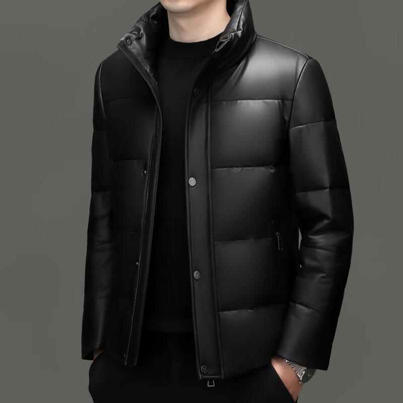 Yiliteng Men's Stand Collar Genuine Leather Goose Down Puffer Jacket