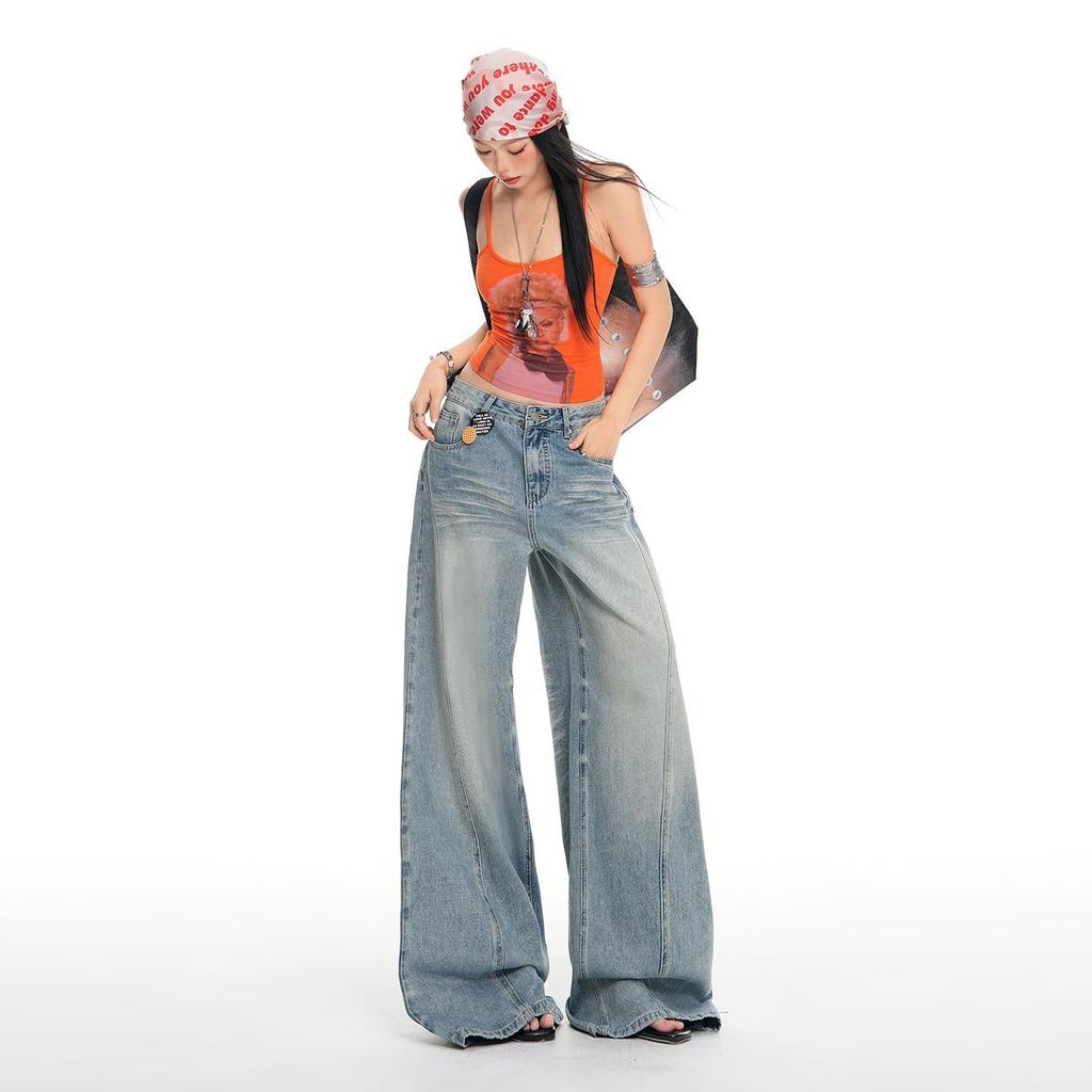 Spring Summer Light Blue High Street Design Drape Wide Leg Denim Pants For Women Casual Pants Oversize Denim Trousers