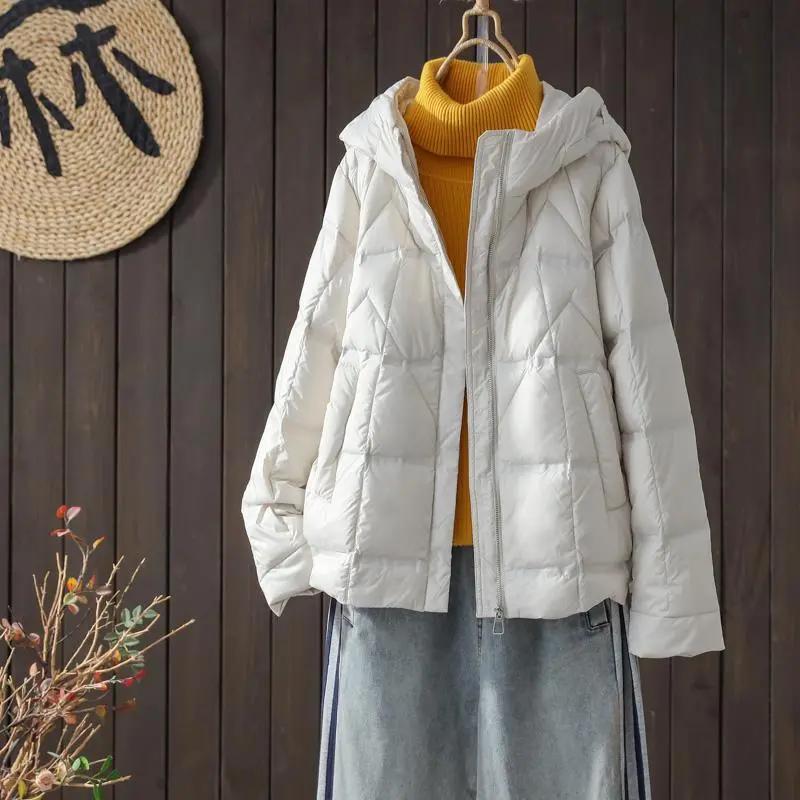 

Женская зимняя пуховая куртка с капюшоном из белого утиного пуха, зимняя повседневная свободная утолщенная тонкая куртка XS бежевый