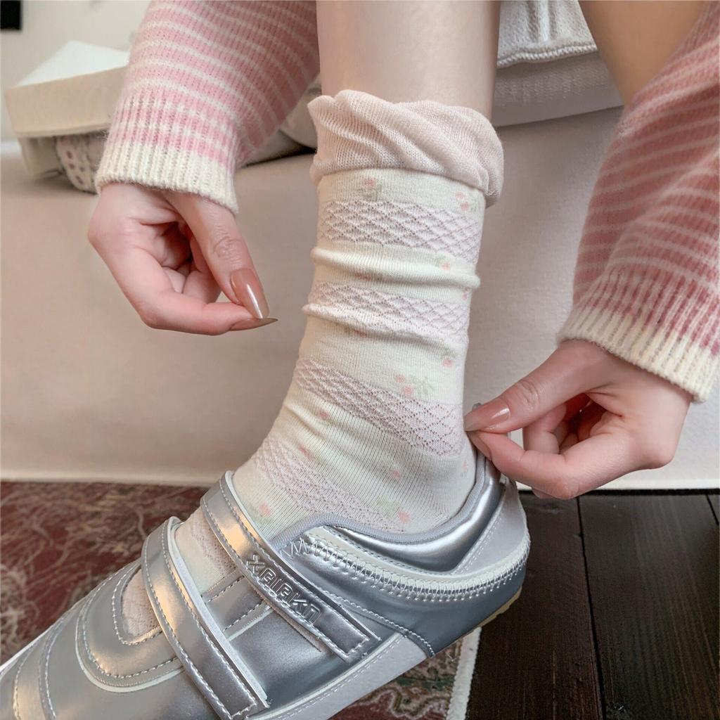 Korean Pink Sweet Floral Socks Women'S Spring And Summer Boneless Pile Socks Simple Lace Japanese Bow Tube Socks