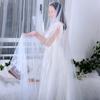 Wedding Bridal Veil Cut Edge Hair Accessories for Bride Single Layer Sheer Tulle 118" Pearls Embellished Chapel Veils