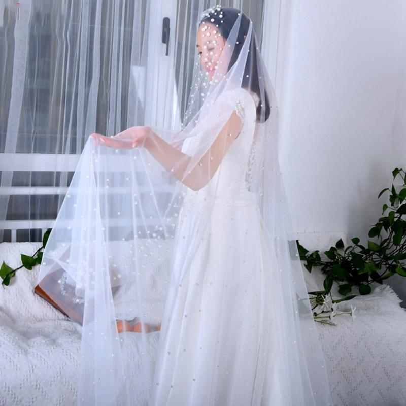 Wedding Bridal Veil Cut Edge Hair Accessories for Bride Single Layer Sheer Tulle 118" Pearls Embellished Chapel Veils