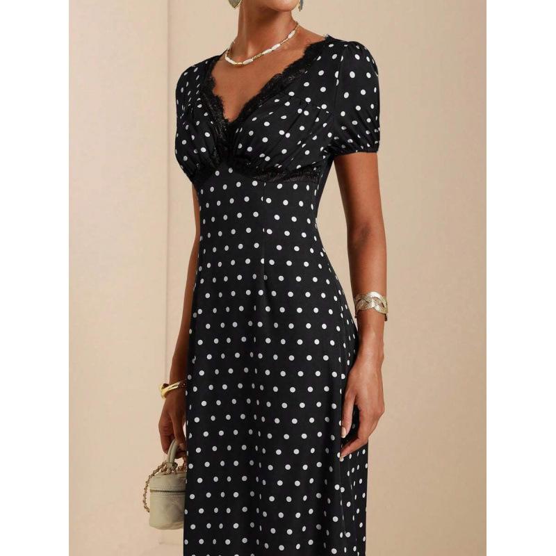 Europe, America 2026 summer new design polka dot printing lace edge French holiday dress XS