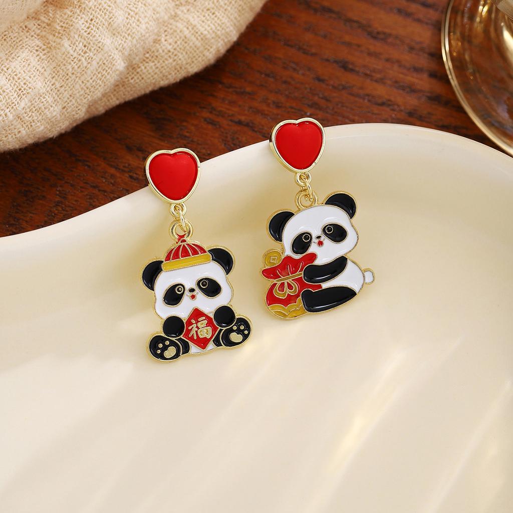 New Year'S Chinese Knot Lantern Cute Panda Earrings, Chinese Style Gong Xi Fa Cai Lucky Bag Pearl Earrings Women