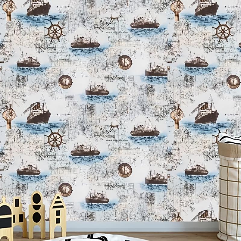 1 role 17,7 * 393,7 palců Samolepicí tapety Vintage Sailing Era používané k výzdobě pracovních stolů Domácí dekorace Nástěnné dekorace Ozdobte svůj domov!